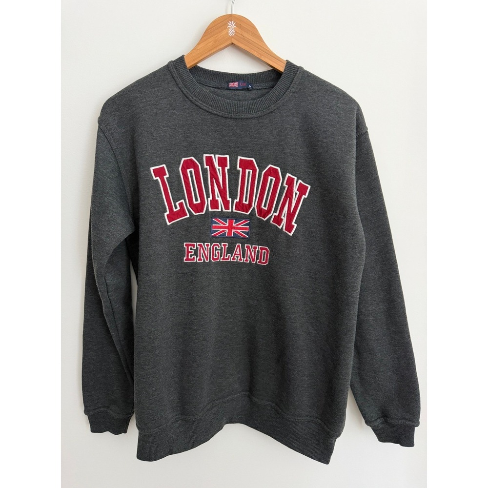 UK Mens London England Embroidered Sweatshirt M Gray Preppy Y2K Travel Pullover